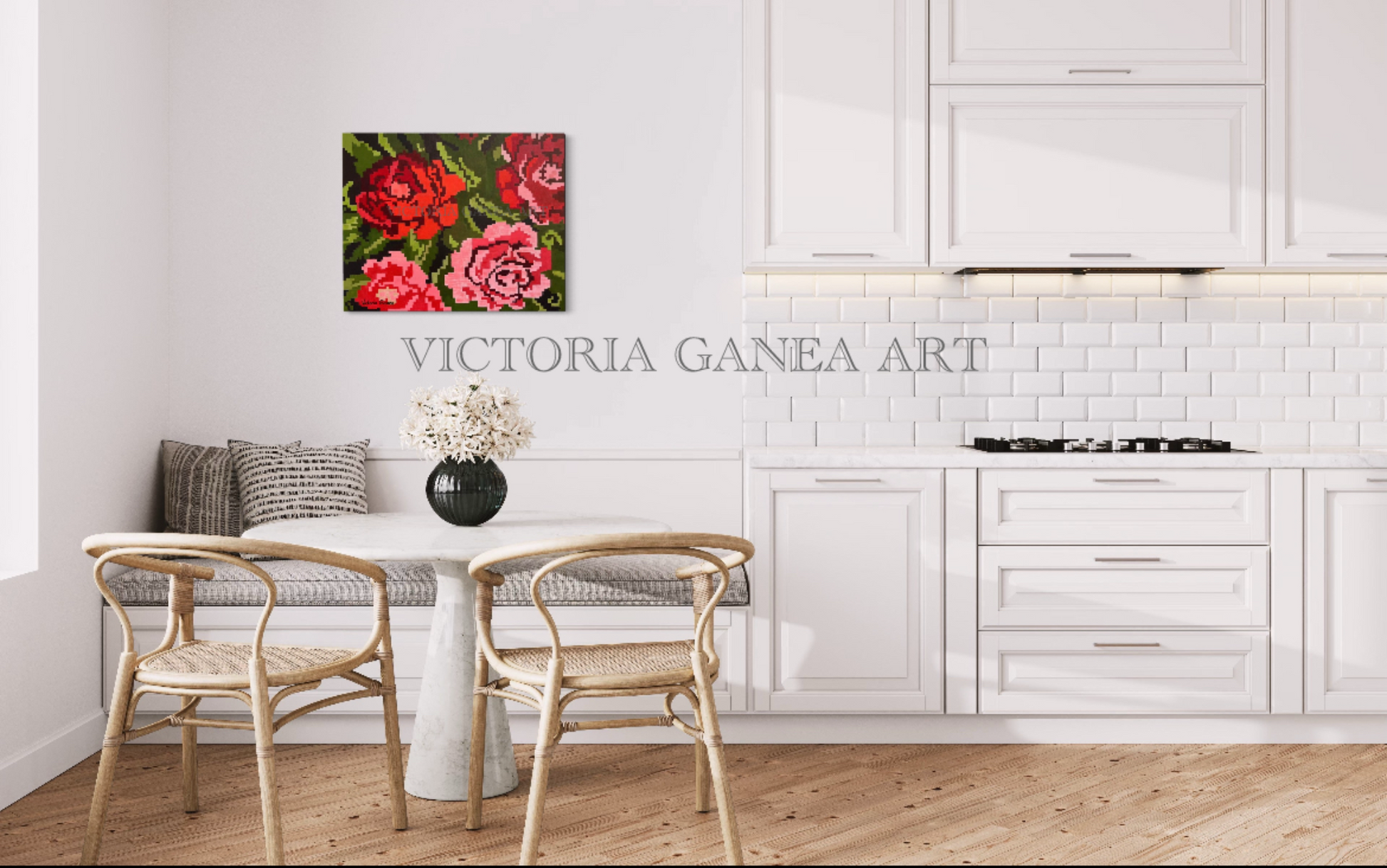 Modern kitchen with a dining table and chairs, featuring a Victoria Ganea Art painting of red flowers.