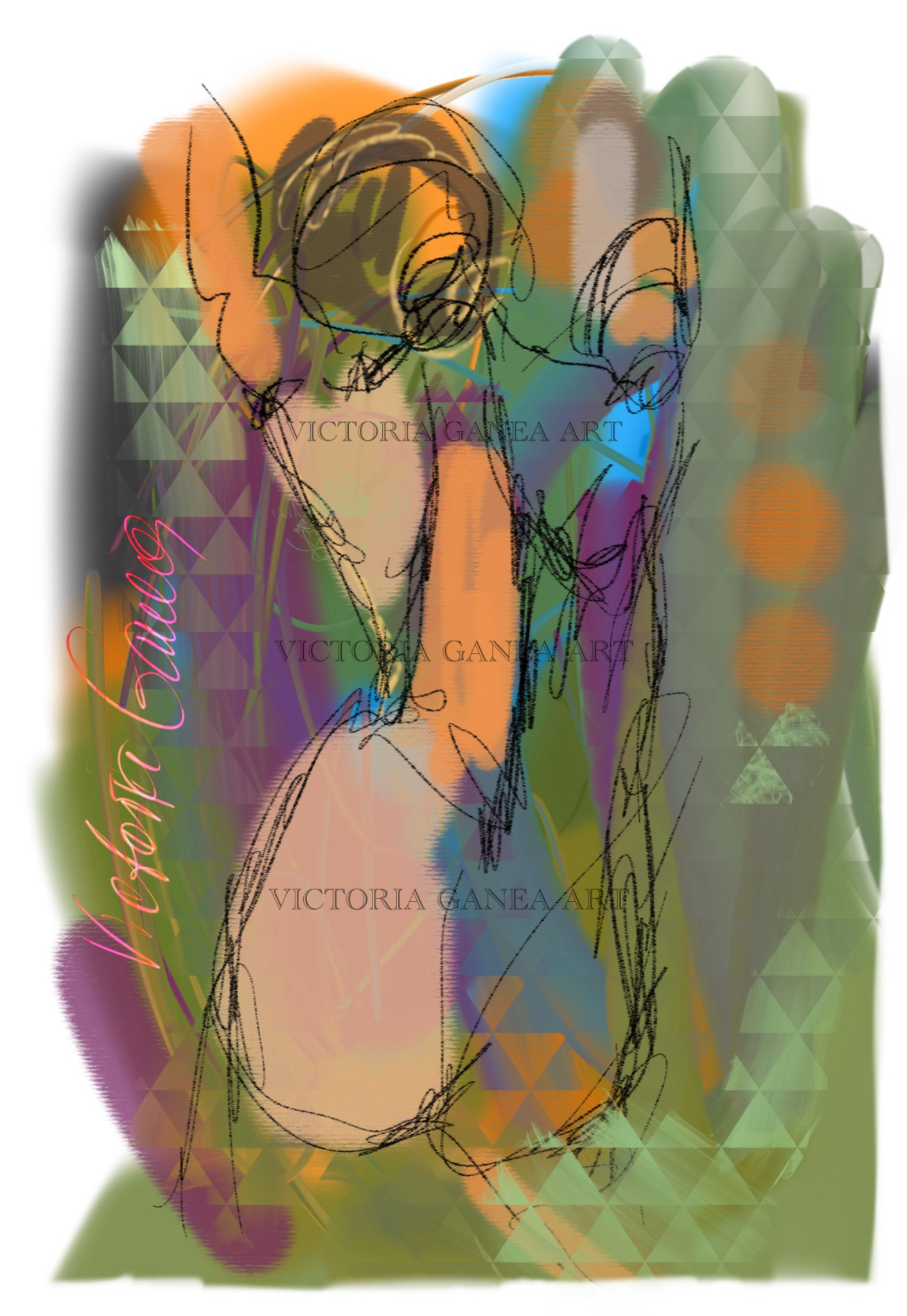Colorful abstract art piece with geometric shapes and text overlay