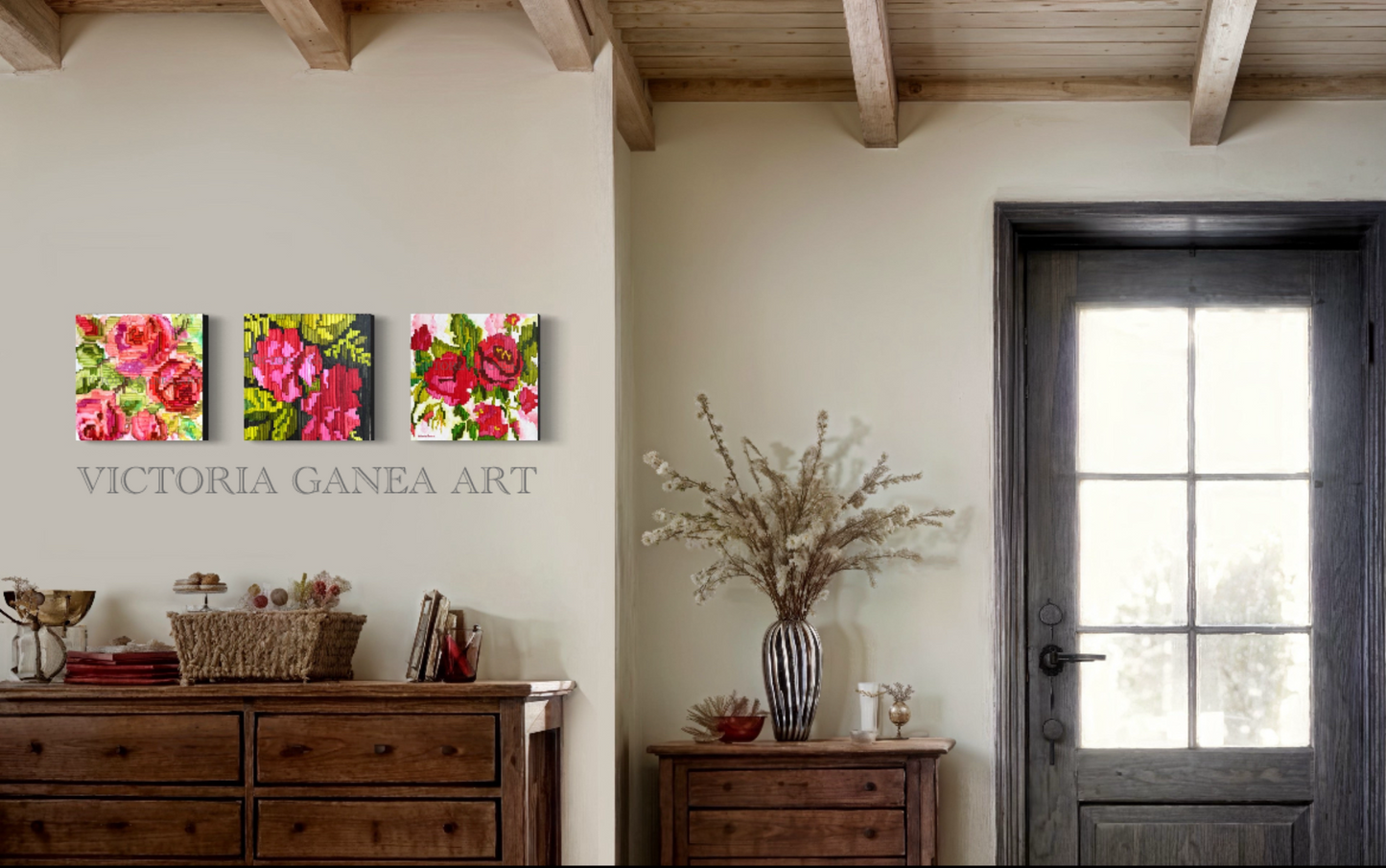 Floral art, red and pink, mixed media on canvas original artwork by Victoria Ganea