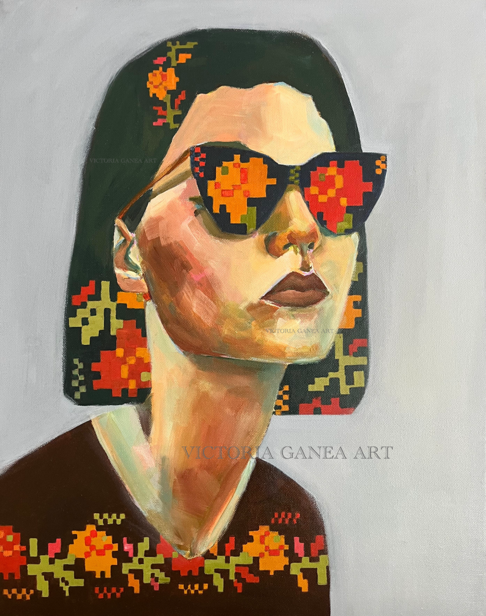 Artistic depiction of a person wearing sunglasses with pixelated floral patterns, inspired by classical art style.