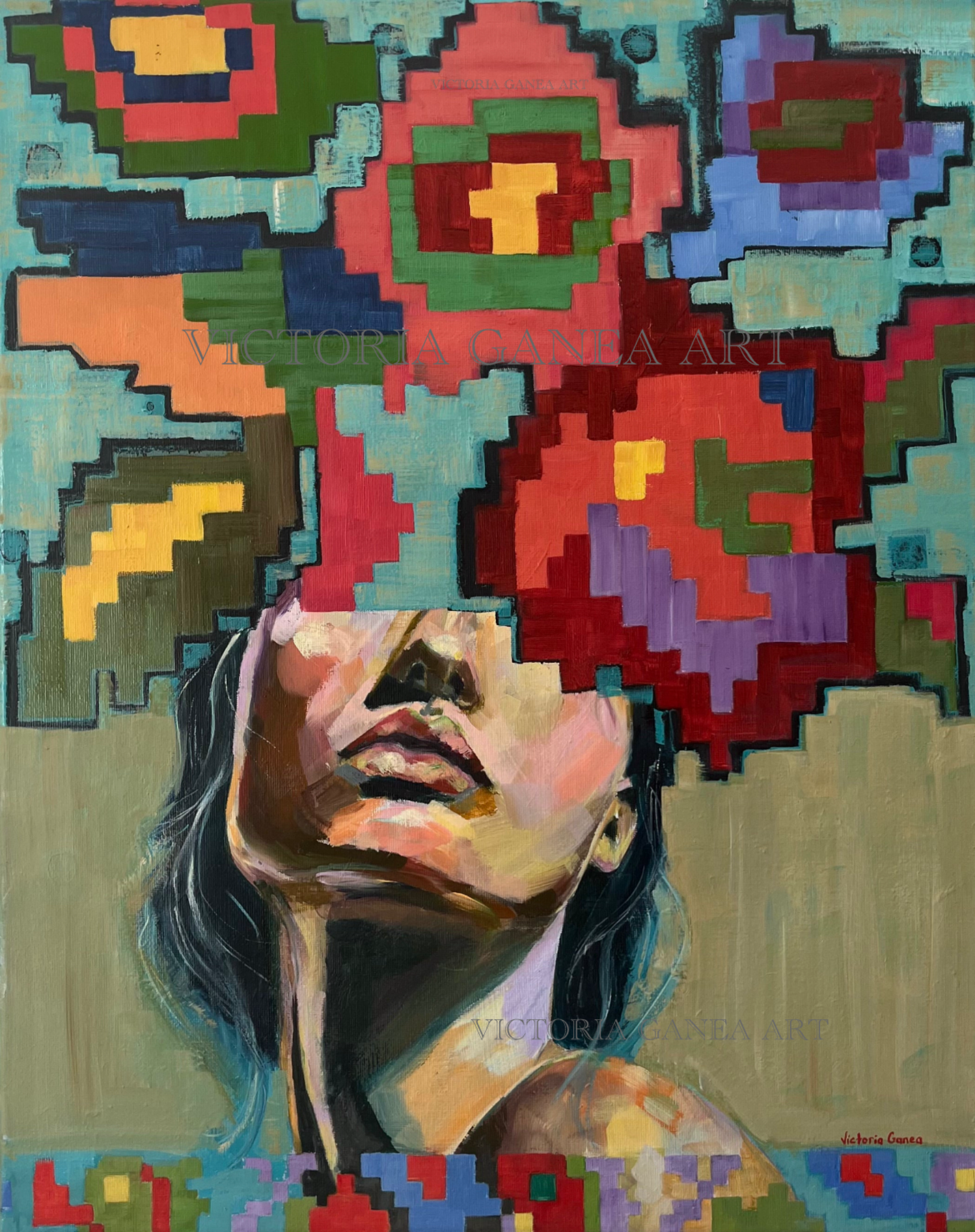 Pixelated colorful portrait with a face in the center