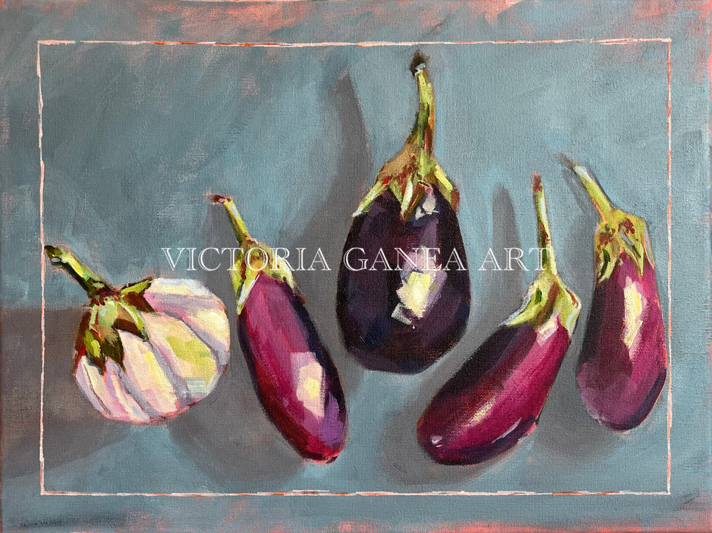 Painting of eggplants by Victoria Ganea on a textured light blue background