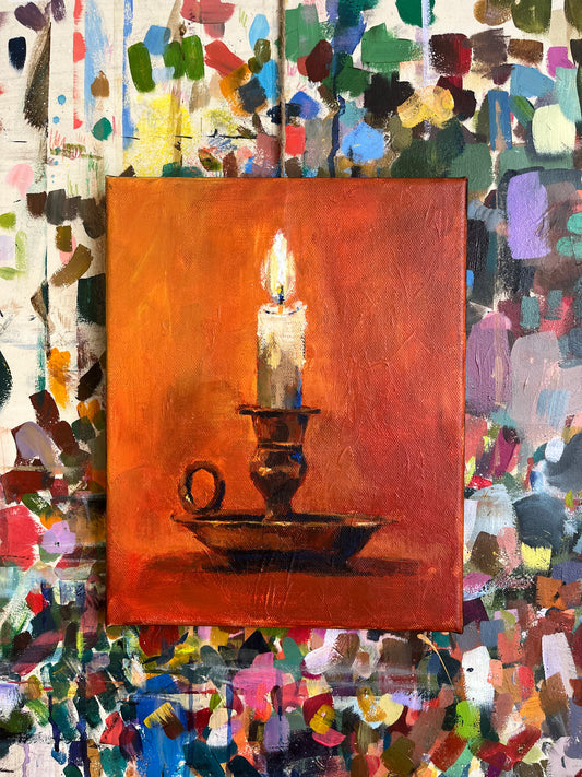 A painting of a lit candle in a candle holder
