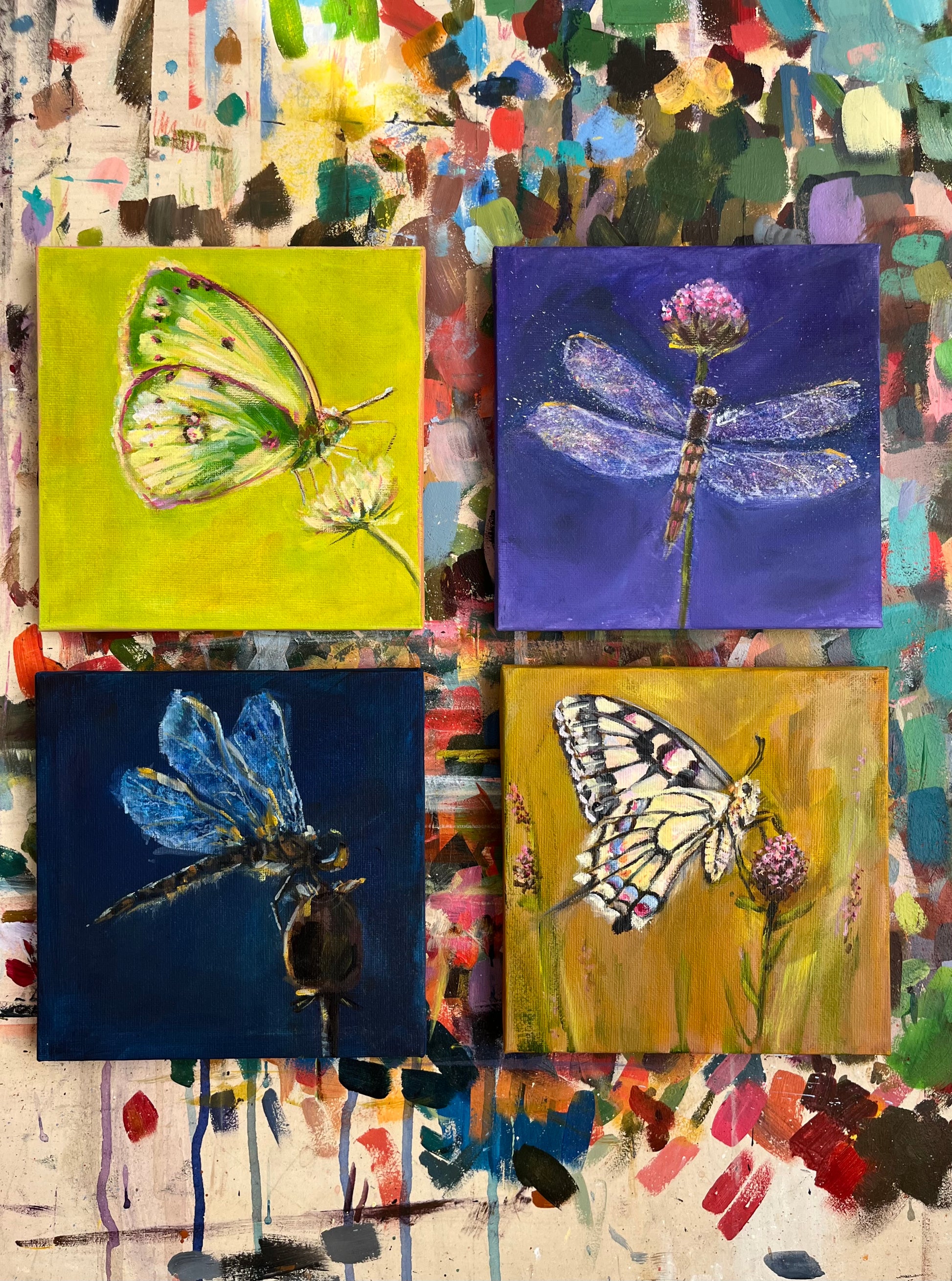 Four small paintings of butterflies and a dragonfly on a colorful abstract background.