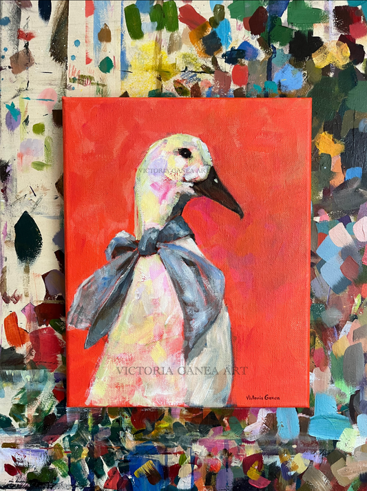 Painting of a duck with a bow