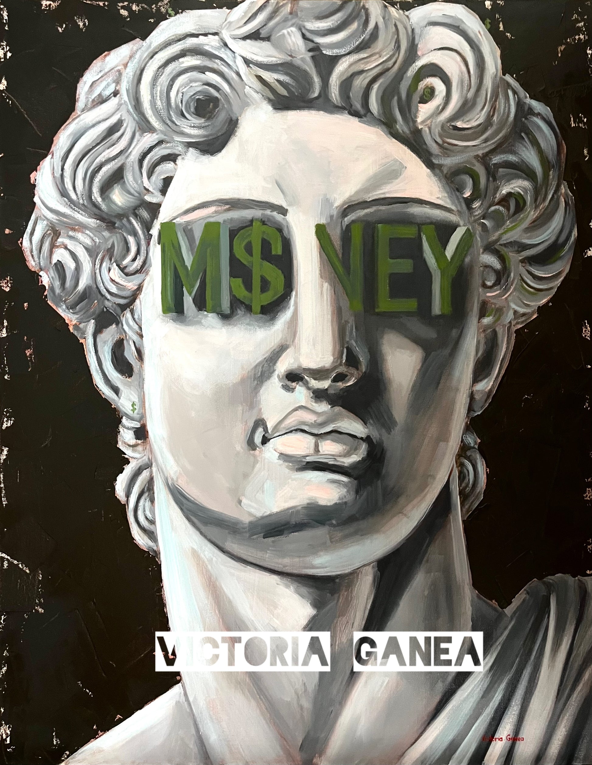 Stylized artwork of a classical bust with 'M$NEY' text over the eyes