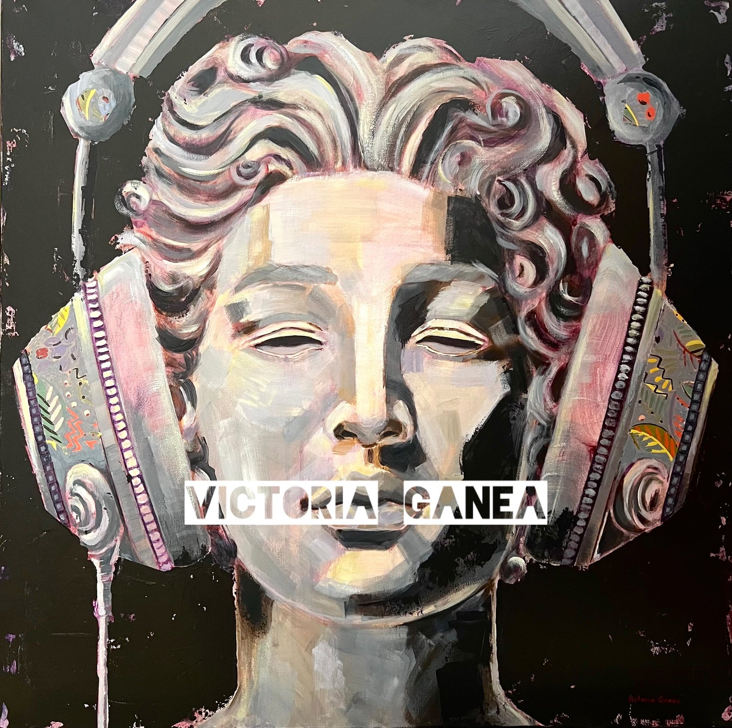Acrylic painting on canvas depicting a stylized female face with headphones, with a blend of white, pink