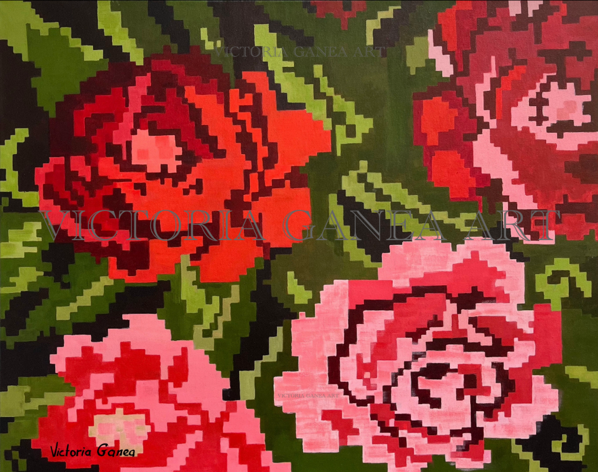 Pixelated red and pink roses on a green background