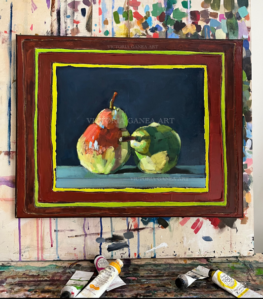 Vibrant still life oil painting of two pears with expressive brushstrokes, set against a dark background and framed with hand-painted red and yellow borders. Contemporary fruit art by Victoria Ganea.