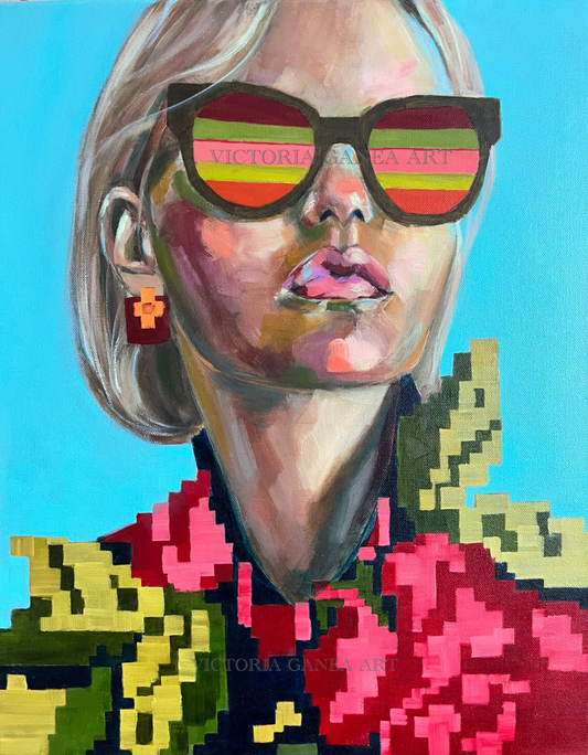 Artistic portrait of a person wearing sunglasses with colorful flowers and abstract elements.
