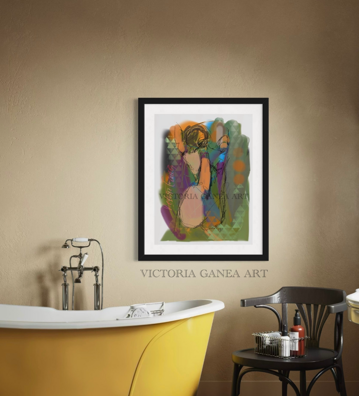 Framed print - abstract, by Victoria Ganea on a beige wall above a yellow bathtub.