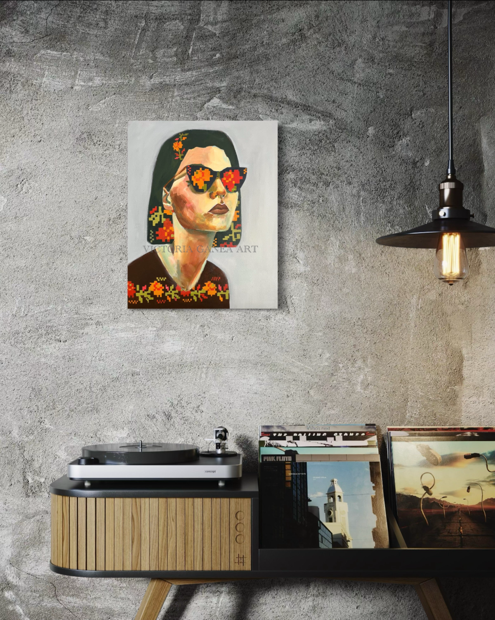 Original painting of a stylized portrait with sunglasses on a wall