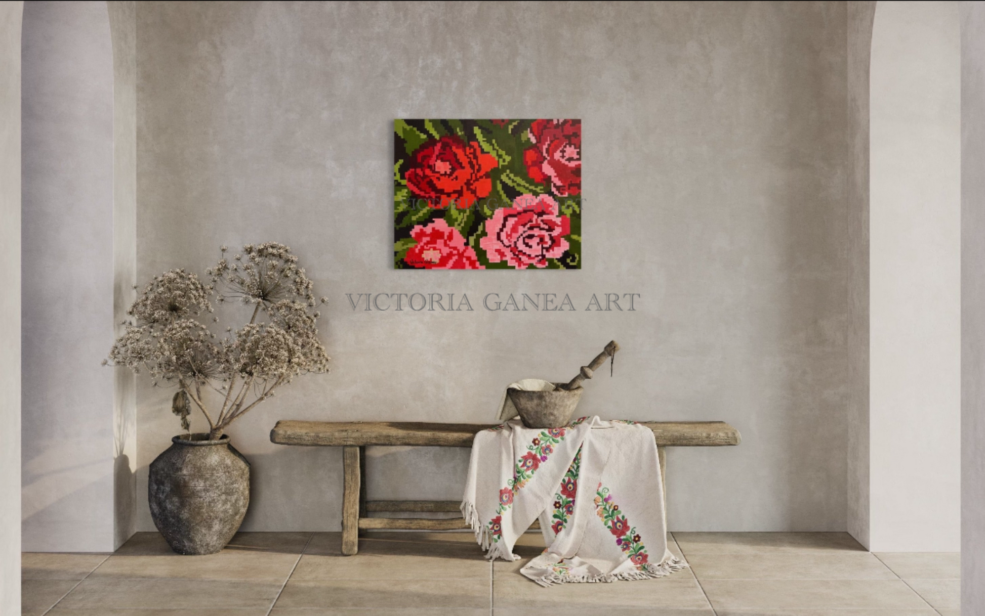 Floral painting by Victoria Ganea Art on a wall above a wooden bench with decorative items.