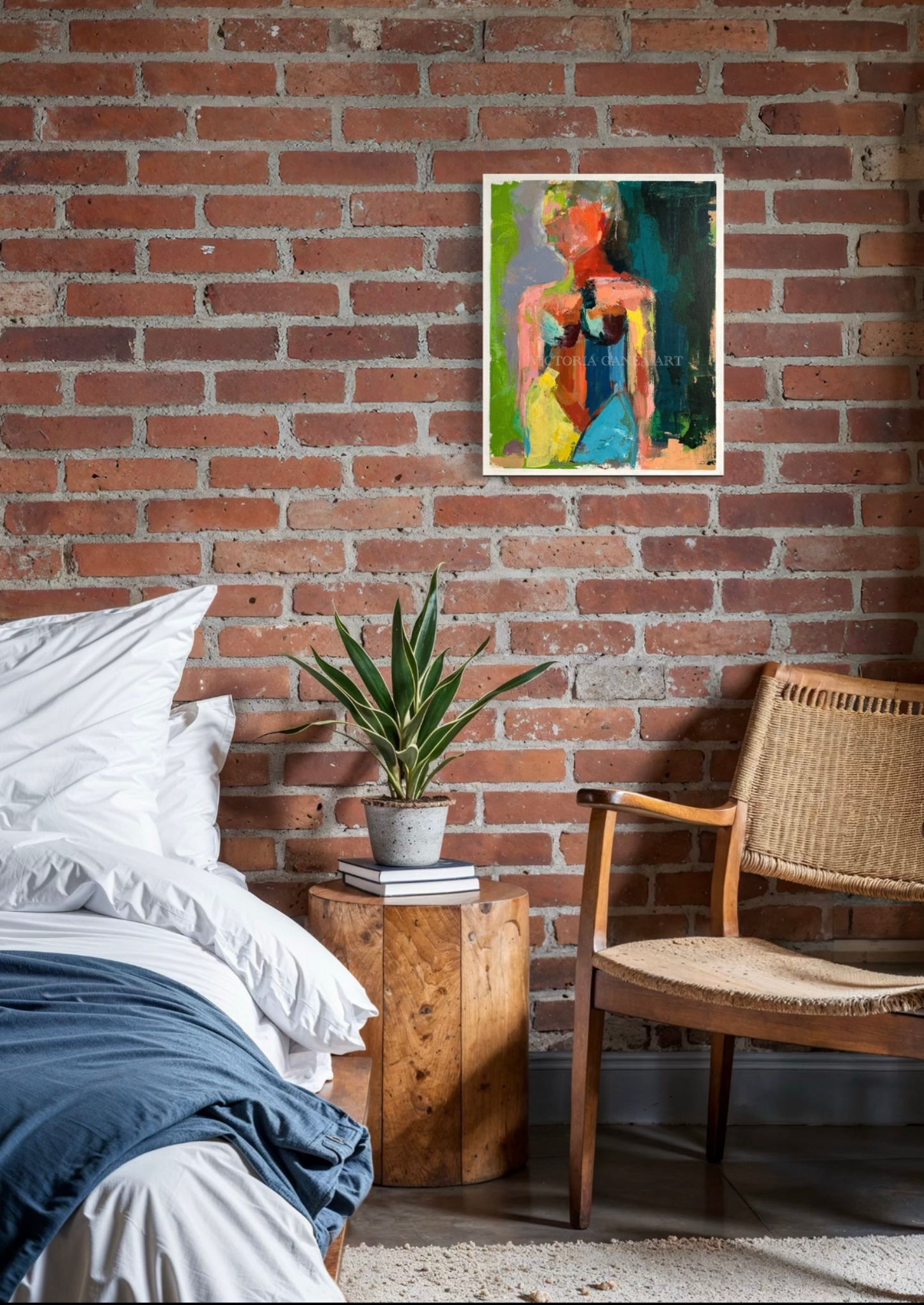 Room interior with a painting on a brick wall