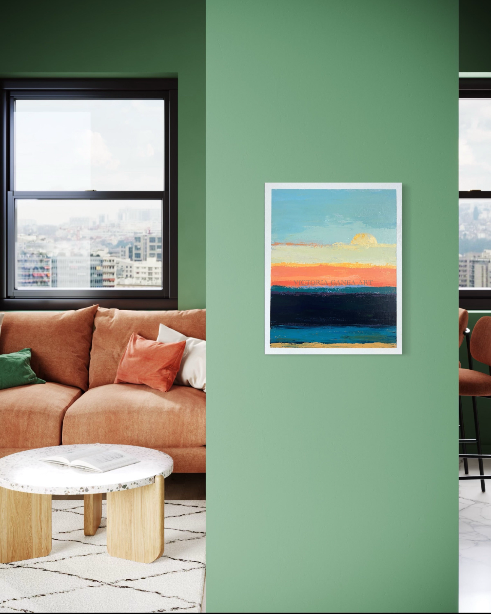 Living room with abstract art print.