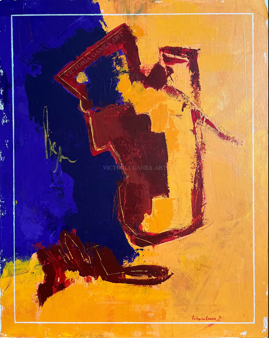 Abstract art piece with blue and yellow colors