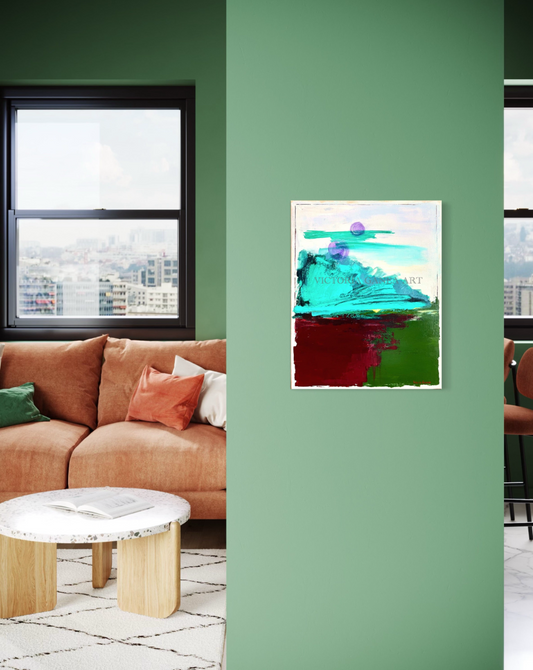 Colourful abstract painting on a wall above a brown sofa.