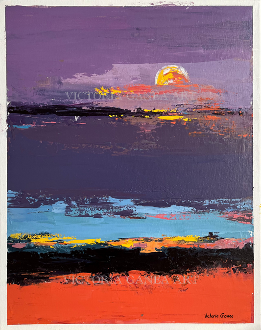 Abstract painting of a sunset with a full moon over water