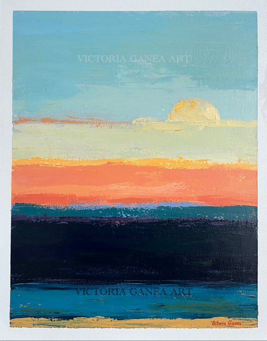 Artistic depiction of a sunset over water