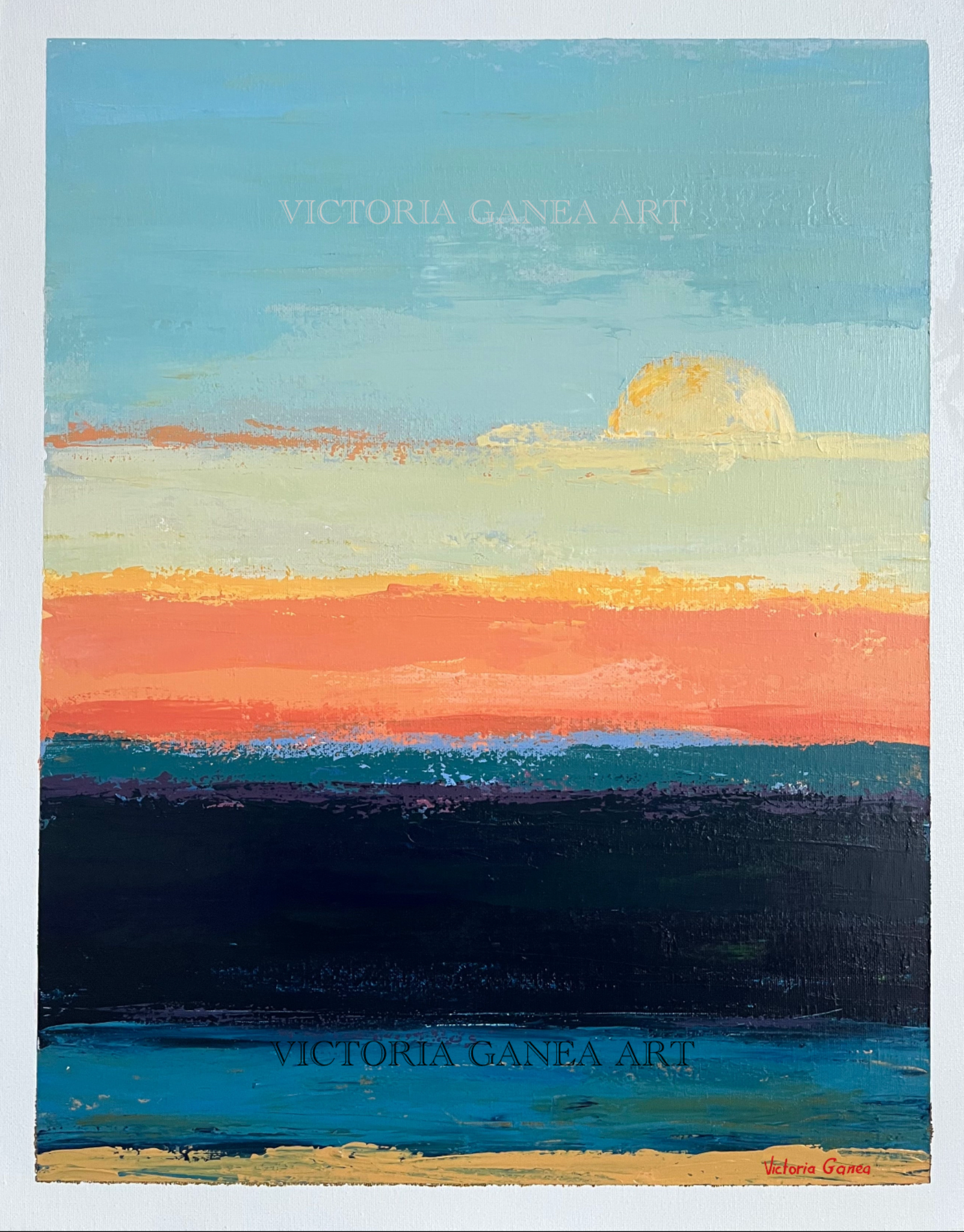 Artistic depiction of a sunset over water 