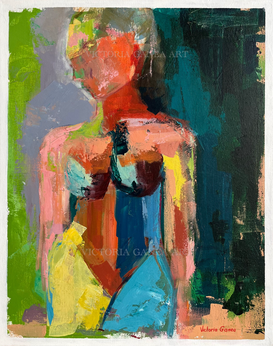 Abstract painting of a figure with vibrant colors on a white background