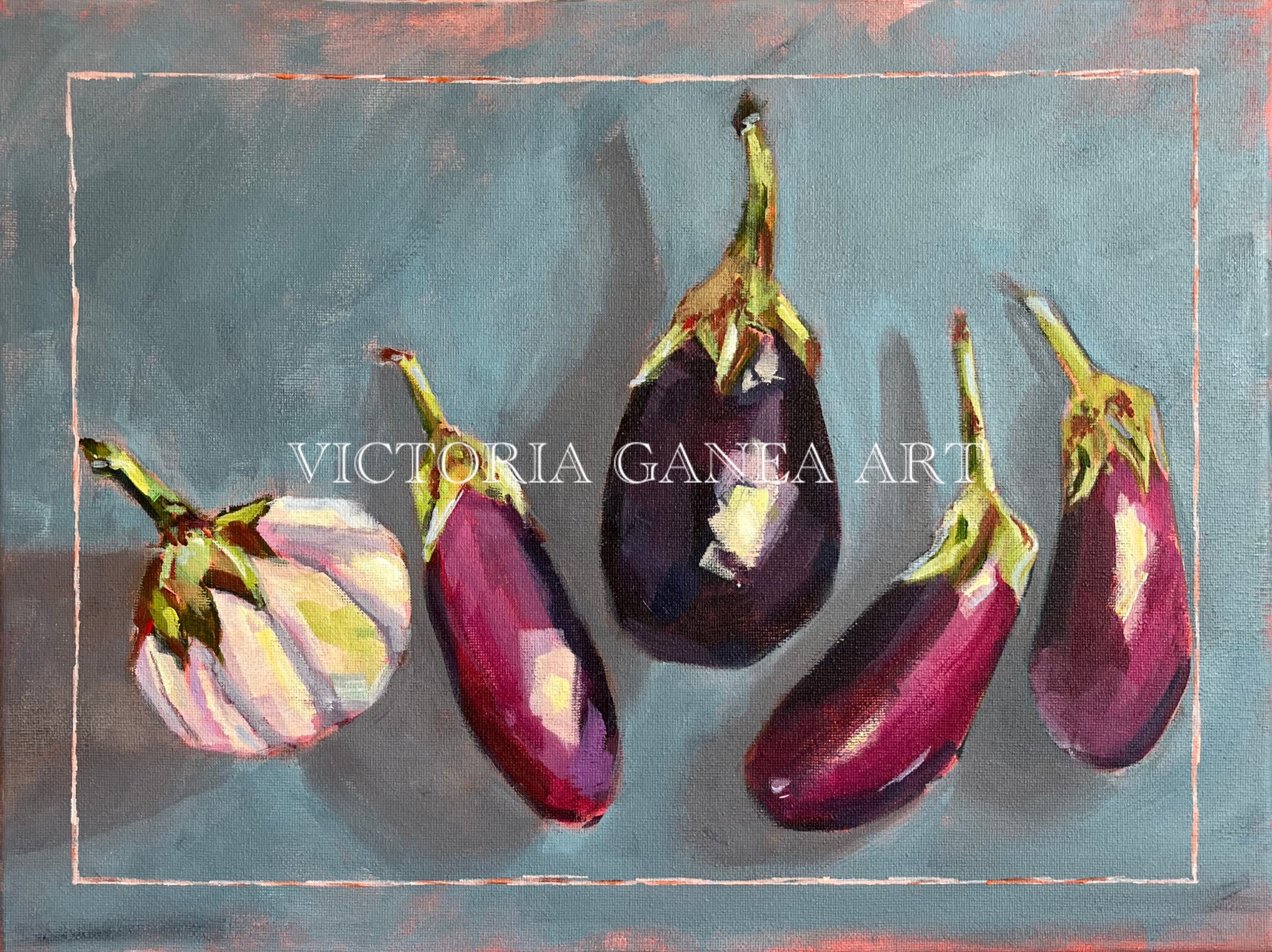 Painting of eggplants by Victoria Ganea on a textured light blue background