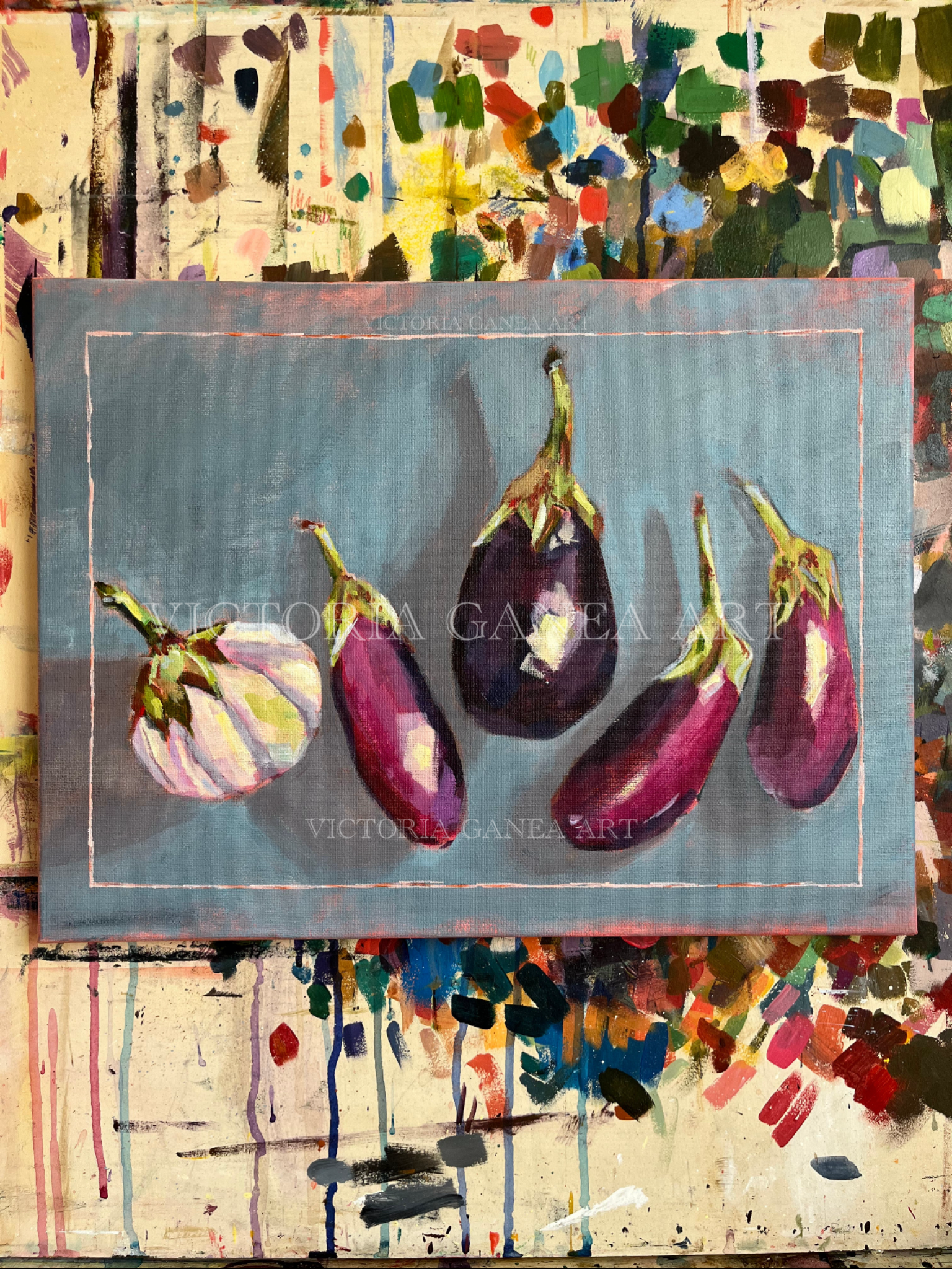 Vibrant still life acrylic painting of aubergines with expressive brushstrokes, set against a grey background. Contemporary art by Victoria Ganea.