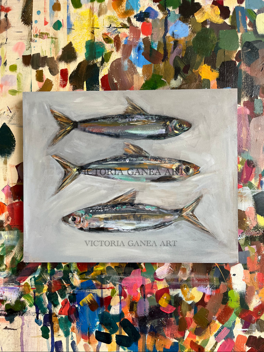 Three fish paintings by Victoria Ganea on a grey abstract background