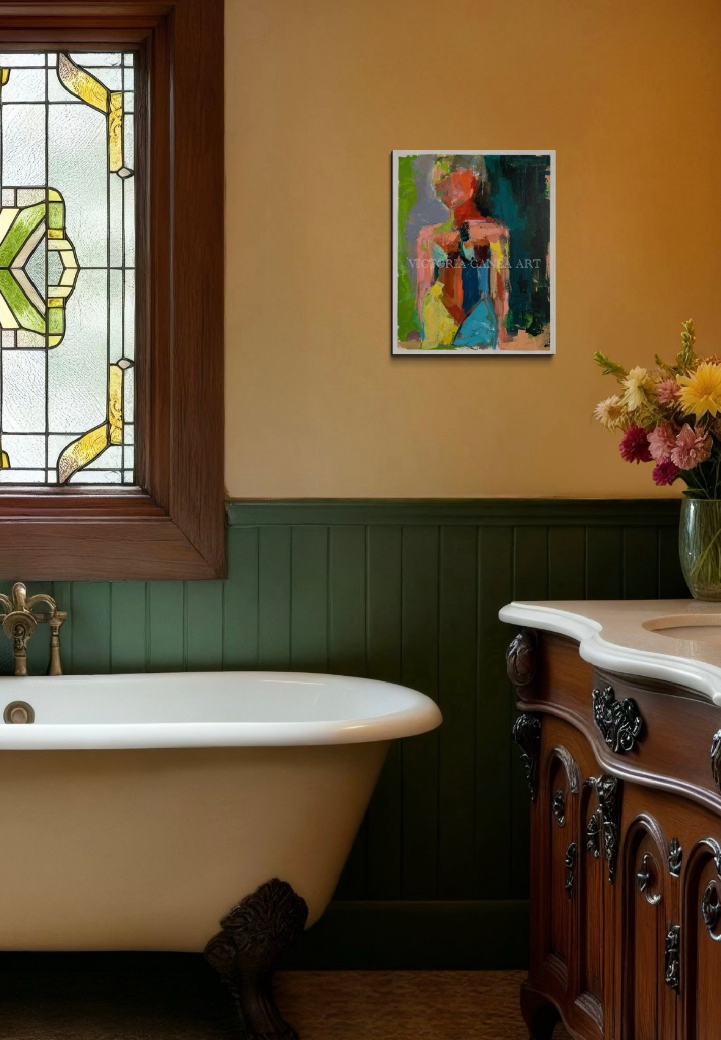 Vintage-style bathroom with a bathtub, vanity, and stained glass window.